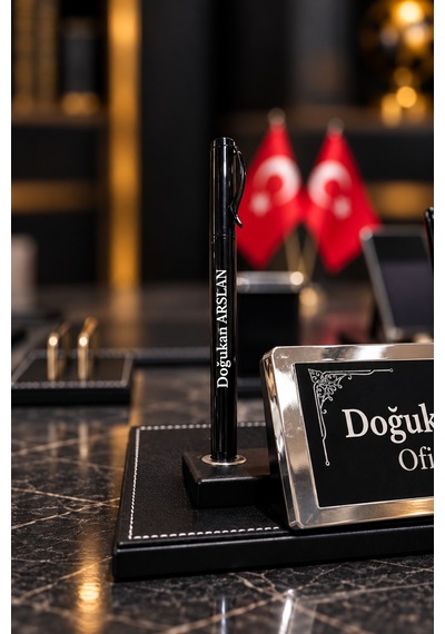 13 Parça Masa İsimlik Seti Kişiye Özel Çift Kalemli Newton Denge Toplu Ofis Sümen Takımı Siyah