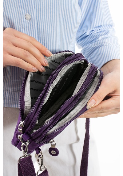 Nemo Bags Mor Unisex Cüzdan, 4 Gözlü, Telefonluk, Crinkle Kumaş, Çapraz Askılı Omuz Çantası, 20x12cm Mor