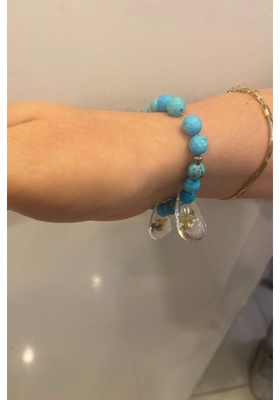 Doğal Taş Bileklik Hand Made El İşi Feng Shui Ejderha Yılı Koruyucu Hayvan Horoz Ve Ejderha Objeli Ve Doğal Turkuaz Taşlı Çok Renkli