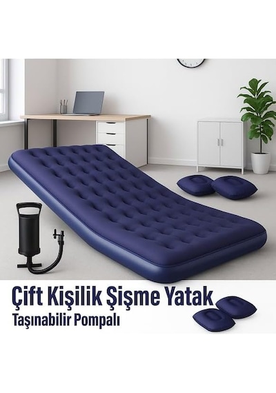 Taşınabilir Çift Kişilik Şişme Yatak + Pompa 203x152x22 Cm Kamp & Misafir Kullanımı Lacivert