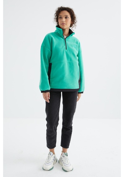 Tommy Life Deniz Yeşili Yarım Fermuar Etek Ucu Büzgülü Dik Yaka Oversize Kadın Polar Sweatshirt - 97236 Yeşil