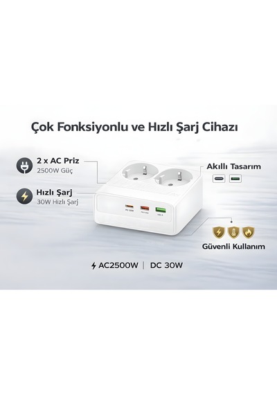 2500w 2 Li Akım Korumalı Priz + 30w Pd Type-c Hızlı Şarj 2 Ac + 3 Usb Çoklu Masaüstü Şarj İstasyonu 2