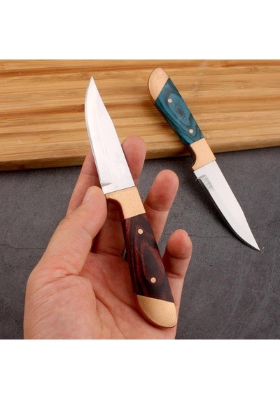 Paslanmaz Çelik Kamp Bıçağı 16 Cm Outdoor Av Bıçağı Deri Kılıflı Kompakt Bıçak Kahve