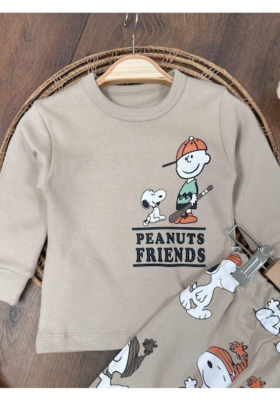 Bisiklet Yaka Peanuts Friends Baskılı Alt Üst Pijama Takımı 4bb2 Krem