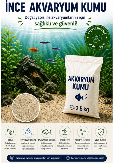 Doğal Akvaryum Kumu Açık Bej 2,5 Kg İnce Taneli Elenmiş Tozdan Arındırılmış Fırında Kurutulmuş