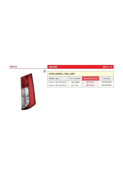 Dacia Dokker Duysuz Sağ Arka Stop Laması 2012 -265500284r