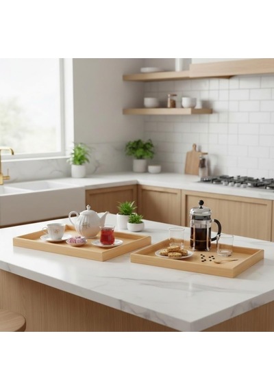 Doğal Bambu 2'li Ahşap Tepsi Seti / Büyük 40 30 Cm Küçük 35 25 Cm / Servis, Kahvaltı, Sunum Ve Dekor Tepsi