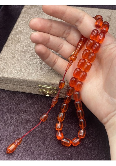 Ömer Sarı Usta İşi Sistemli Kapsül Kesim Turuncu Ateş Kehribar Tesbih 8x12 Mm