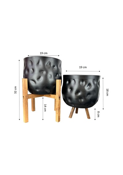 Bitki Tasarımı Ev Dekorasyon Aksesuar Siyah Desenli Toprak Saksı Saksılık Salon Çiçeklik İkili Set 4 Ayak -3 Ayaklı 19 Cm