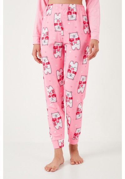 Lela Streç Standart Fit Bisiklet Yaka Desenli Bayan Pijama Takımı 6095700 Pembe