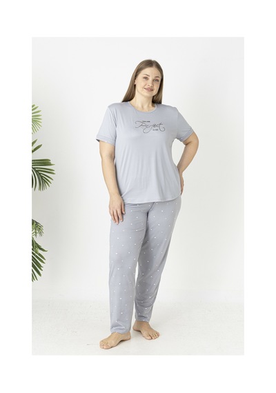 Estiva Kadın Puantiye Alt Desenli Kısa Kollu Soft Battal Pijama Takımı Gri