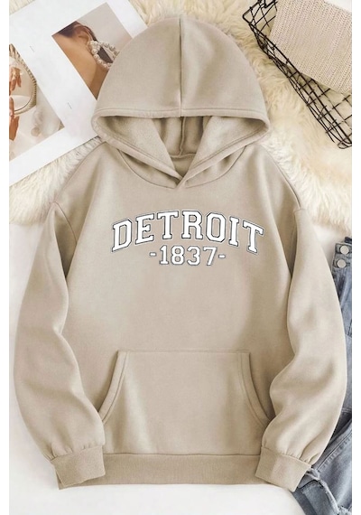 Medinenur Detroit Baskılı Kapüşonlu Sweatshirt Bej