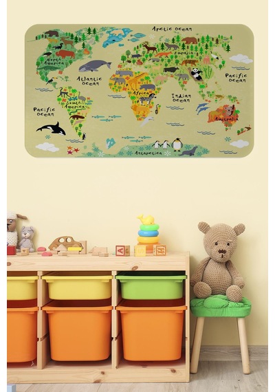Eğitici Dünya Haritası Dünya Atlası Çocuk Ve Bebek Odası Duvar Sticker-60x105-3772 - Renkli Çok Renkli
