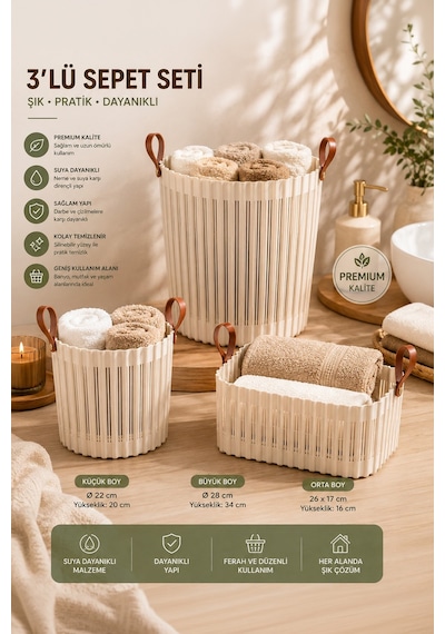 Porsima 4315 Cappuccino 3'lü Sepet Seti Banyo Mutfak Organizeri