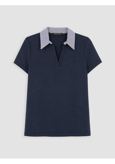 Lcw Comfort Lacivert Polo Yaka Çizgili Kadın Tişört