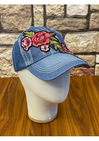 Hamze Jean Kot Denim İndigo Kumaş Taşlı Gül Desenli Beyzbol Cap Şapka Açık İndigo