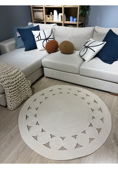 Mavaux Cookie Yuvarlak Jüt Hasırlı El Örgüsü Kilim Halı Krem