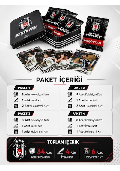 Mythos First Beşiktaş 2025-2026 Sezonu Koleksiyon Kartları Metal Kutu 34 Kart Resmi Lisanslı