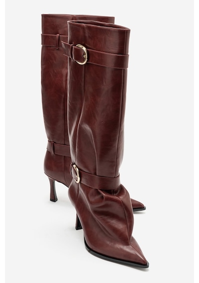 Luvi Shoes Marcella Bordo Kemerli Kadın İnce Topuklu Çizme