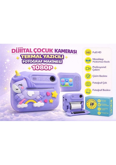 Cmr99 Dijital Çocuk Kamerası Print Kamerası 1080p Full Hd Termal Yazıcılı 2.0 Ekranlı Mor