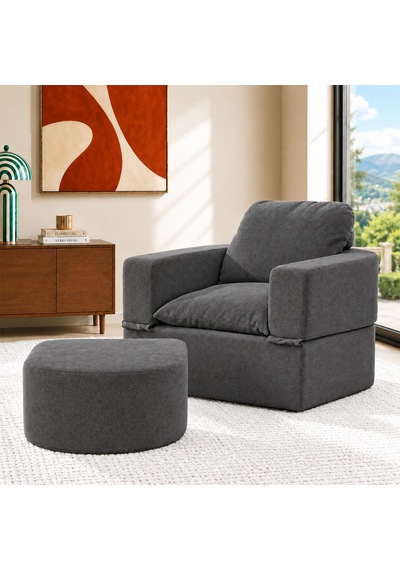 Homedius Sofa Bed Katlanır Yatak Olabilen Berjer Koltuk Puf Seti Antrasit