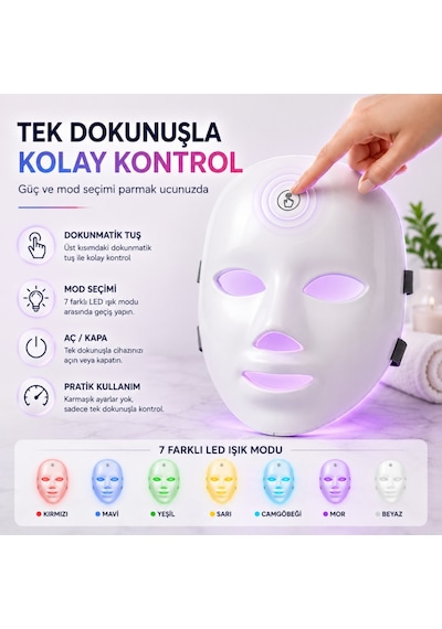 Polham 7 Renk Led Işık Teknolojili Yüz Bakım Maskesi Dokunmatik Kontrollü Evde Cilt Bakım Cihazı