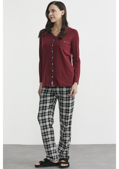 Sementa Ekose Kombinli Düğmeli Pijama Takım - Bordo Bordo