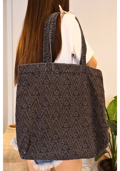 İcone Bag Desenli Yıkamalı Denim Kadın Çantası, Geniş Hacimli, Desenli El Ve Omuz Bez Çanta Shopper Antrasit