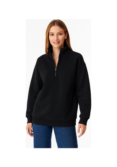 Mbb E-ticaret Kadın 3 İplik Pamuklu Dık Yaka Yarım Fermuarlı Sweatshirt - Siyah