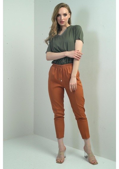 By Saygı Kadın Beli Lastikli Yandan Cepli Havuç Paça Pantolon-40605 Taba