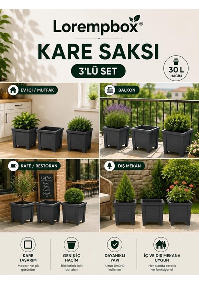 Lorempbox 30 L Kare Saksı 3'lü Set Gri