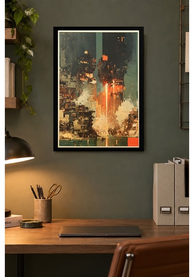 Soyut Turuncu Şehir Desenli Dekoratif Mdf Tablo, Çerçeve Görünümlü Ahşap Poster