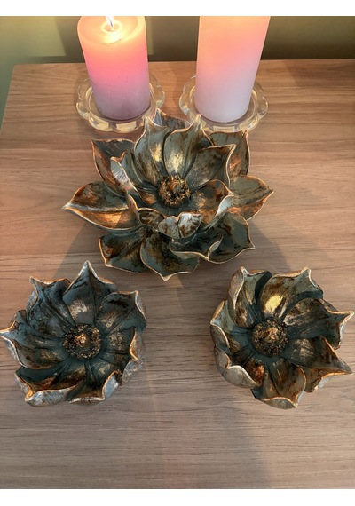 3'lü Lotus Dekoratif Obje Seti Haki Yeşil & Eskitme Altın Yaldız Çok Renkli