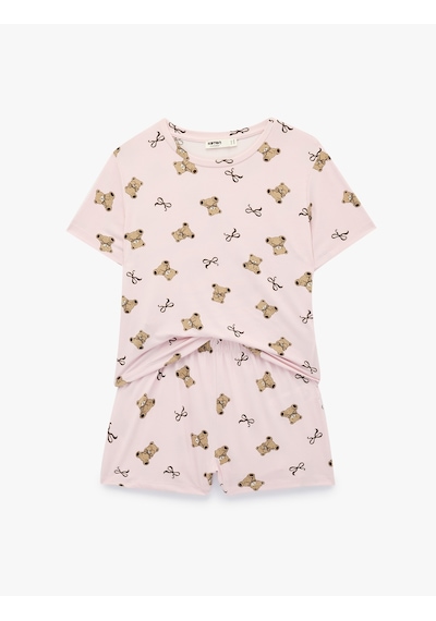 Koton Desenli Kısa Kollu Bisiklet Yaka Şortlu Pijama Takımı Bej Desenli 6slk40121mk Ekru
