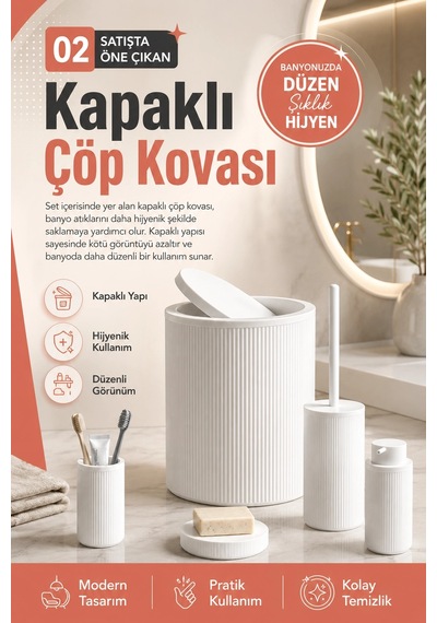 Çizgili Desenli Beyaz 5 Parça Banyo Seti Sıvı Sabunluk Sabunluk Ve Diş Fırçalık