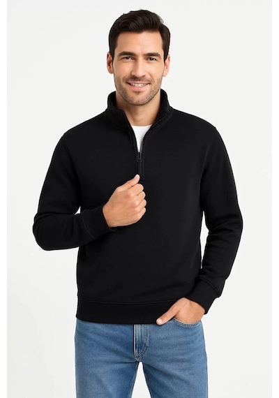 Cvs Giyim Erkek Dik Yaka Sweatshirt Dik Yaka Yarım Fermuarlı 3 İplik Şardonlu Pamuk Kumaş - Siyah Siyah