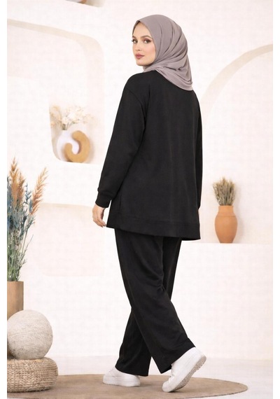Hira Life Fashion Kadın Omzu Taşlı Ve Manşet Kol Tunik-pantolon İkili Takım Siyah Siyah