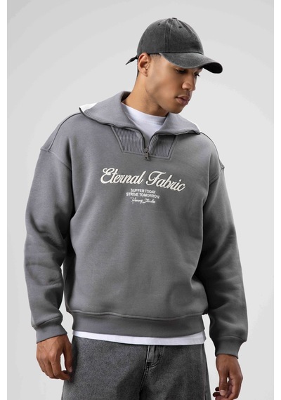 Vamos Oversize Fermuarlı Yaka Sweatshirt Füme