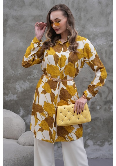 Polologin Butik Hardal Kahverengi Yaprak Desenli Tunik Hardal Kahverengi