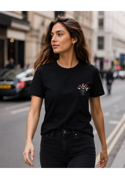 Yubistitch Tshirt Nakış İşlemeli Demet Çiçek- Penye-siyah
