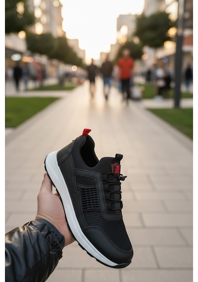 Enoch Erkek Siyah Akıllı Bağcıklı Yürüyüş Ayakkabısı - Bağcık Bağlamasız Pratik Sneaker Siyah - Beyaz