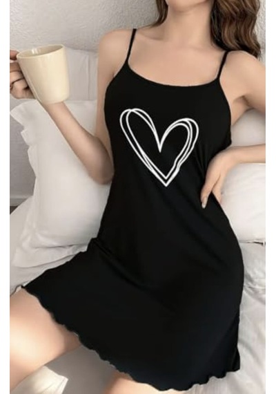 Sebalma Fashion Kadın Siyah İp Askılı Penye Gecelik Kalp Baskılı Siyah