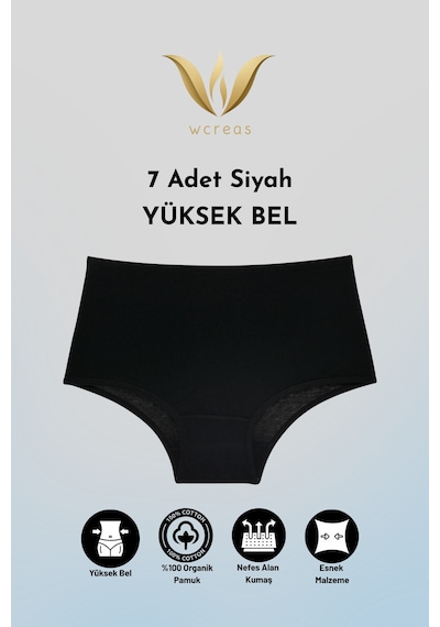 Wcreas Yüksek Bel Pamuklu Kadın Külot, 7'li Paket Pamuklu Yumuşak Kumaş Kadın Külot Siyah