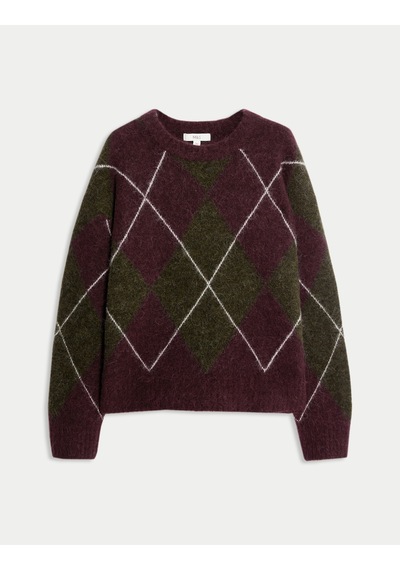 Marks & Spencer Yün Karışımlı Argyle Desenli Yuvarlak Yaka Kazak Bordo