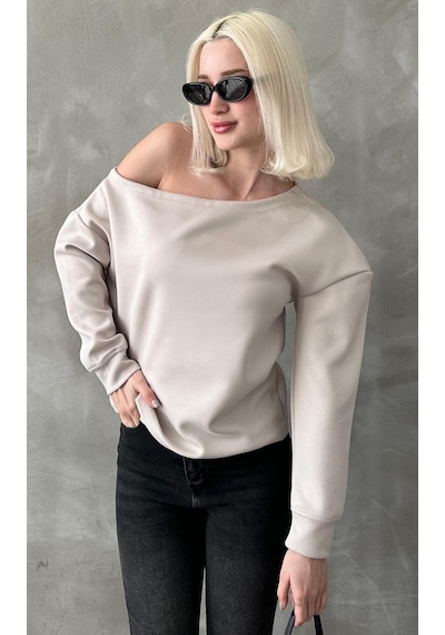 Madmext Taş Kayık Yaka Basic Sweatshirt Mg2228 Taş