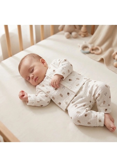 Biçomi Gece Terletmeyen Çıtçıtlı %100 Pamuk Bebek Pijama Takımı Kolay Giyilen Palamut Desenli Peny Ekru
