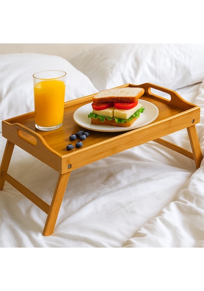 Porsima Katlanır Ayaklı Bambu Tepsi Yatak Keyif Tepsisi 50cm 30cm , Portatif Tepsi Bambu