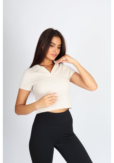 Soft&Basic Polo Yaka Jakar Crop Fit T-shirt Bej