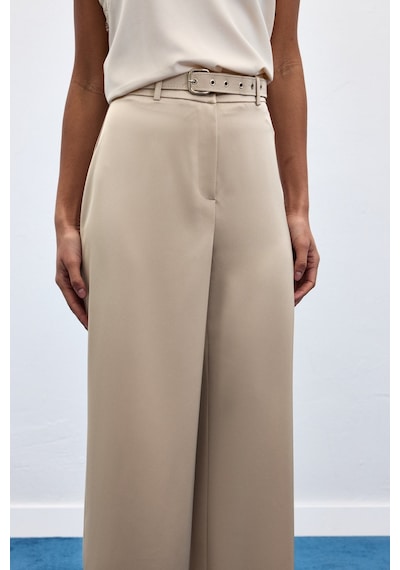 Sateen Kemer Detaylı Saten Pantolon - Taş-136951 Taş
