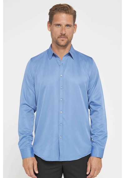 Tudors Slim Fit Uzun Kollu Kolay Ütü Teri Emen Nefes Alan Doku Kravatlık Dört Mevsim İndigo Erkek Gömlek-31592-ındıgo İndigo